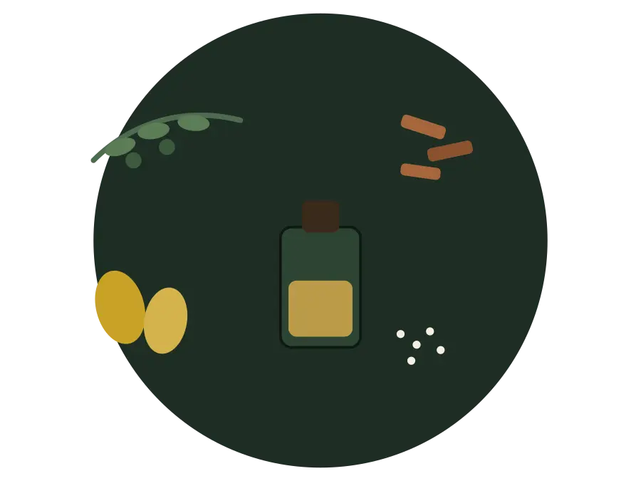Illustration of natural ingredients used in the oil: olive branch, sandalwood, almond and sesame seeds arranged around a small bottle